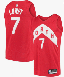 Toronto Raptors Kyle Lowry red jersey. displaying name Lowry and the number 7