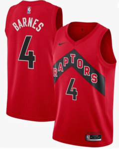 Red Toronto Raptors Scottie Barnes Swingman Icon Edition Jersey. Showing number 4