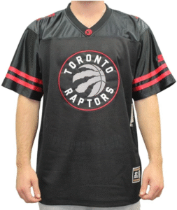 a man wearing a Toronto Raptors Starter NBA Blindside Football Jersey.